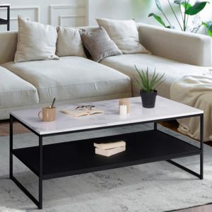 TABLE BASSE IDMARKET Table basse double plateau ALASKA effet marbre et bois noir pied métal