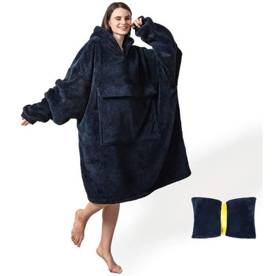 Plaid à Capuche Bedsure - Couverture Polaire Avec Manches Et Poches - 107x90 Cm - Bleu - Pour Canapé, Télé, Extérieur