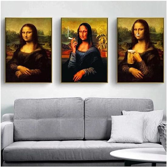 Tableau Humoristique Mona Lisa Qui Pince Le Nez - Décoration WC Drôle - Toile 30x40 Cm Style Parodie