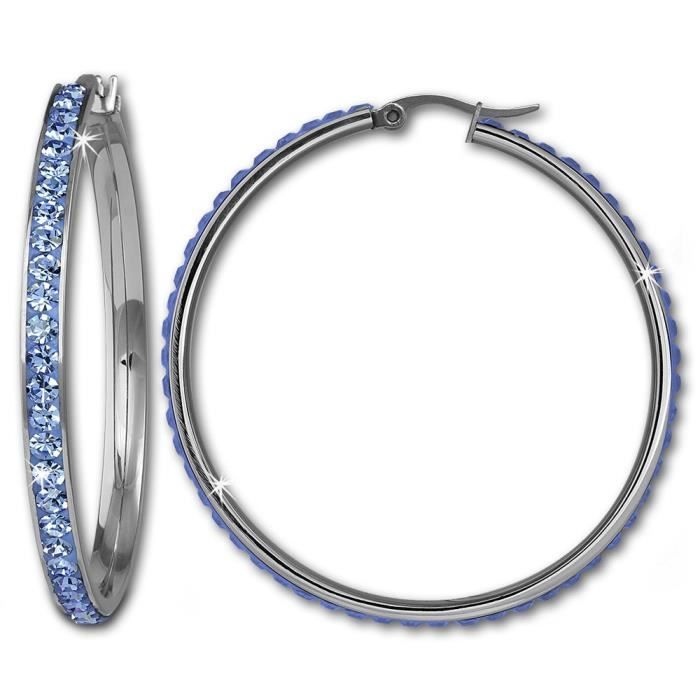Amello boucles d'oreilles rondes en acier inoxydable avec Cristaux Swarovski Elements bleu clair-diamètre 50 mm-Femme-Boucles d'o