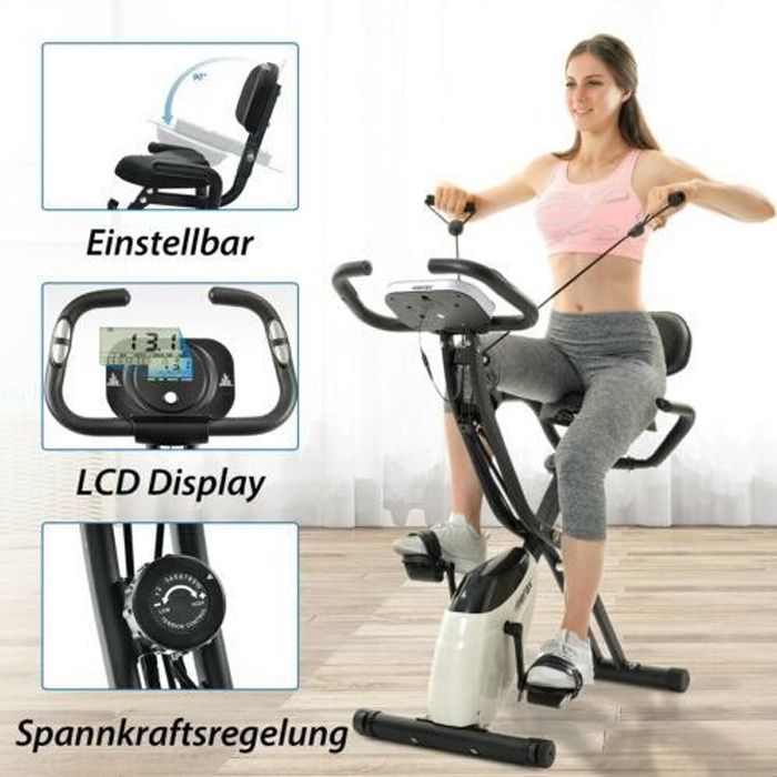 Vélo d’appartement Pliable 10 Niveaux de resistance avec LCD Hauteur réglable 120kg-Blanc