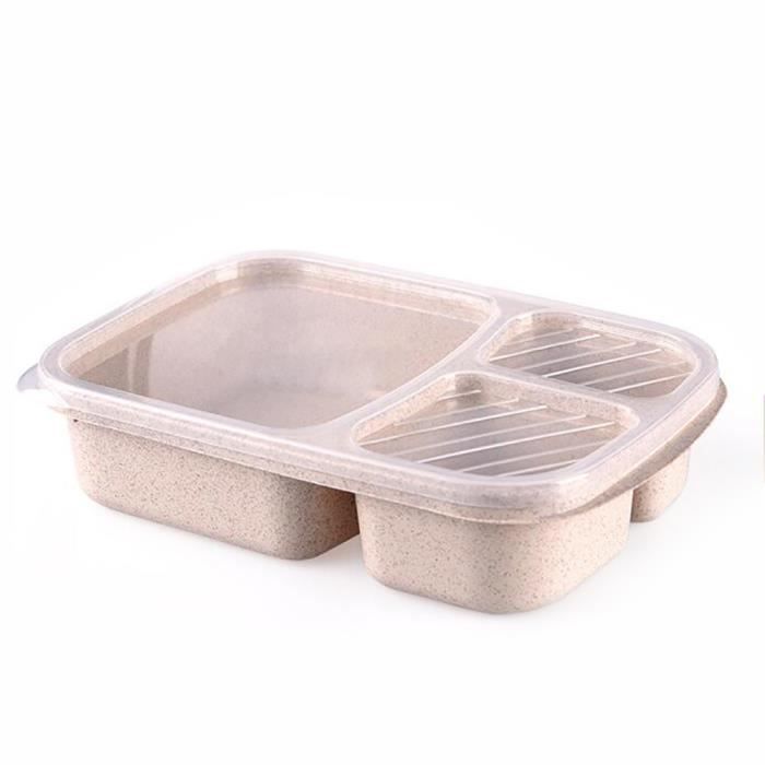 Boîte à lunch boîte à bento 3 compartiments divisés ustensiles de cuisine pour micro-ondes Beige