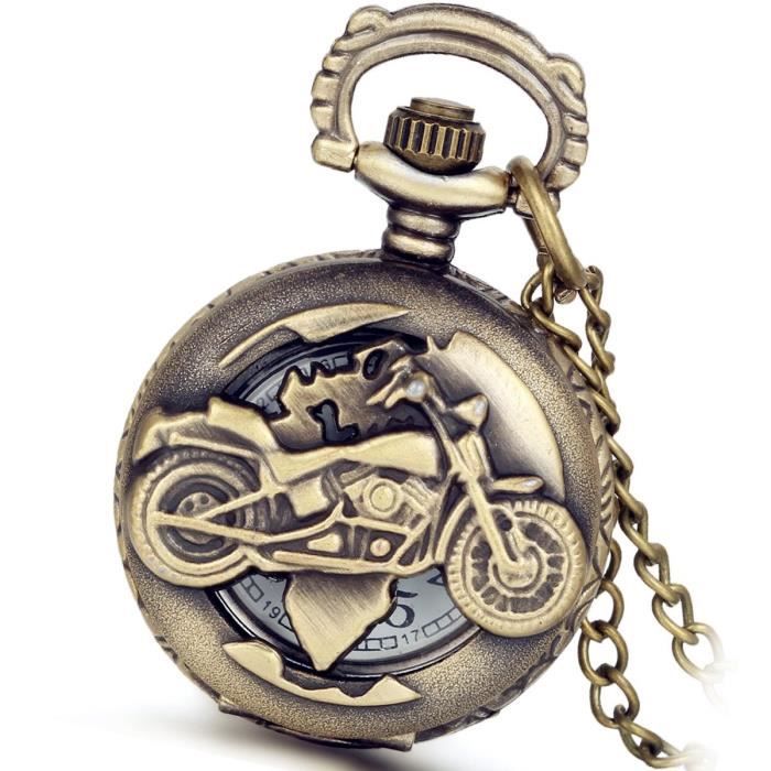 Montre à gousset Lancardo - Pour homme - Design vintage et motif de moto - En bronze à quartz - Analogique - Avec chaîne collier