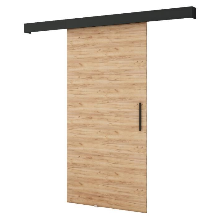 Ensemble Porte coulissante interieur avec rail POGO I - Chêne doré + noire mate + Poignée noire mate - 90x204cm Soft-Close