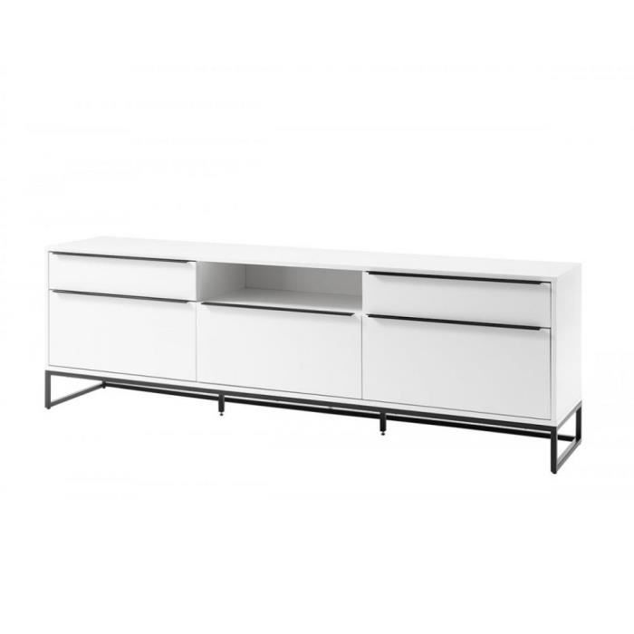 Meuble TV LUARD blanc laque mat 5 tiroirs 1 niche piétement métal noir blanc MDF Inside75