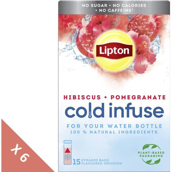 Lot de 6 LIPTON Infuse à Froid Grenade Hibiscus, Boisson d'été rafraichissante, Eau aromatisée healthy (6x 15 Sachets Pyramid)