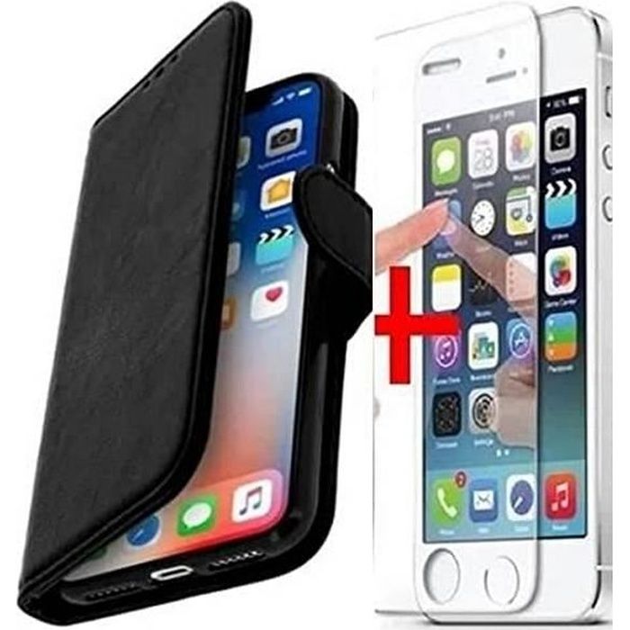 étui IPHONE 7-8 étui et verre trempé cuir pu noir porte carte pour IPHONE 7-8