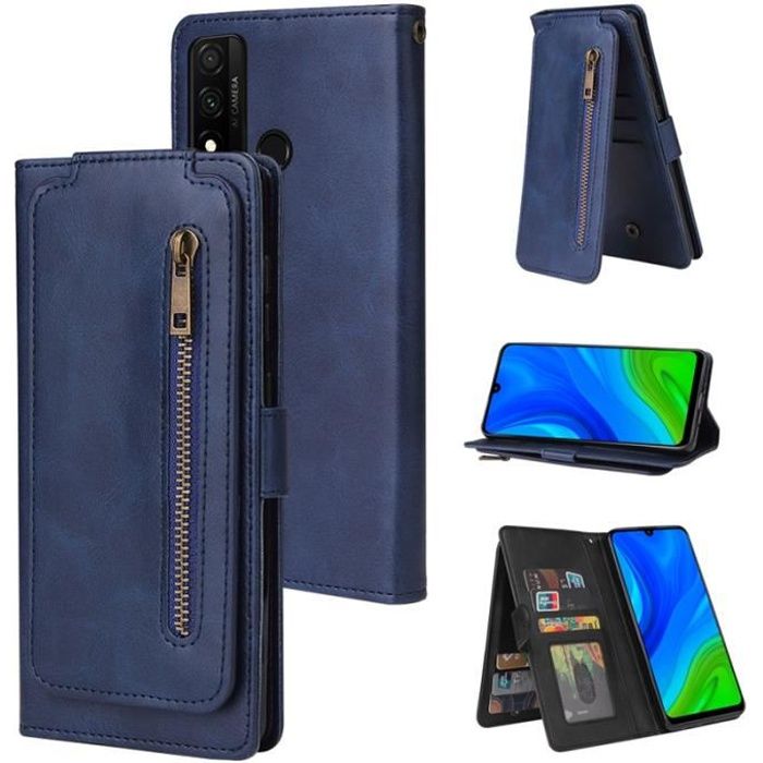 Etui Pour Huawei P smart 2020 6.21-, Bleu Portefeuille 9 Carte Fentes Fermeture éclair ,Porte-Carte, Dragonne magnétique Housse de