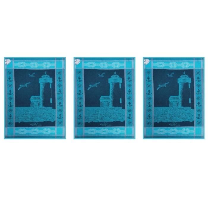 Lot de 3 Torchons Jacquard tissés 100% coton - Phare - Bleu - 50x70 cm - Lavable en machine