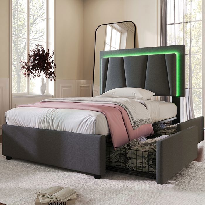 Lit avec tiroirs Lit rembourré avec éclairage LED et 2 tiroirs Tête de lit réglable en hauteur Lit simple 90x200cm Gris