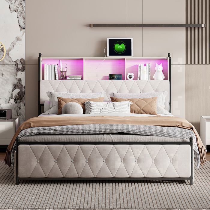 Lit capitonné - EIFSON - 160x200 cm - LED et USB - 4 tiroirs - Velours Beige