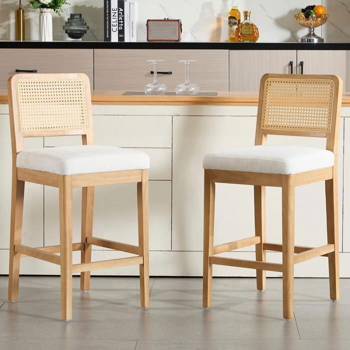 Chairus Tabouret de Bar Lot de 2 Tabouret Bar en Bois Tabouret avec Dossier Rotin Chaise Bar Haute pour Cuisine Chenille Blanc