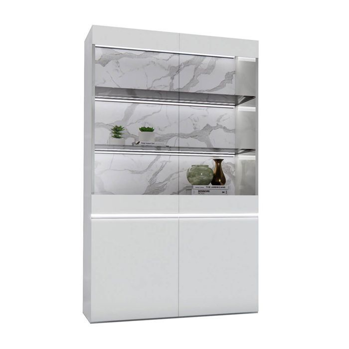 CHRIS WHITE - Vitrine 4 Portes Laquée Blanc Brillant Fond Imitation Marbre avec Led CHRIS WHITE - Vitrine 4 Portes Laquée Blanc Brillant Fond Imitation Marbre avec Led