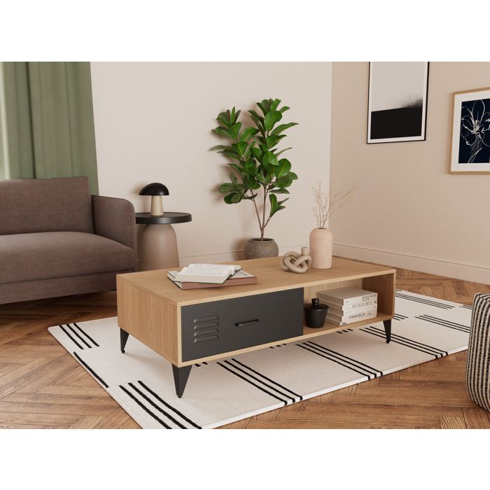 Tribeca - table basse - effet bois et métal noir - 1 tiroir et 1 niche - 110 cm - Bois / Noir Tribeca - table basse - effet bois et métal noir - 1 tiroir et 1 niche - 110 cm - Bois / Noir