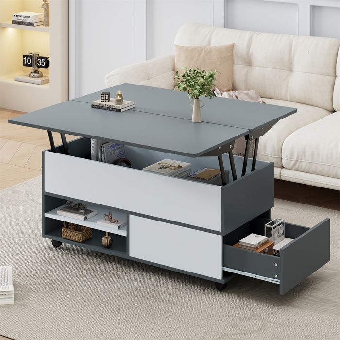 Table Basse Relevable avec Rangements Dissimulés et Étagères Table Basse Salon avec Roulettes et Tiroirs Gris et Blanc 100x98x65cm
