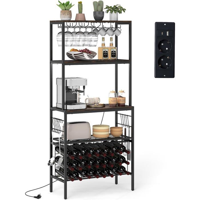 Buffet de Cuisine 165 cm Multi-Niveaux COSTWAY Prise de Courant Supports à Verres et Tasses 24 Porte-Bouteilles 8 Crochets