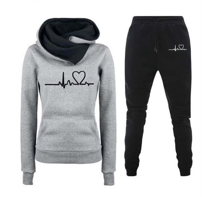 Ensemble Jogging de Sport Femme 2 Pièces - Survêtement de Sport Manches Longues - Gris - Pantalon Sweat à Capuche Imprimé S-3XL Ensemble Jogging de Sport Femme 2 Pièces - Survêtement de Sport Manches Longues - Gris - Pantalon Sweat à Capuche Imprimé S-3XL