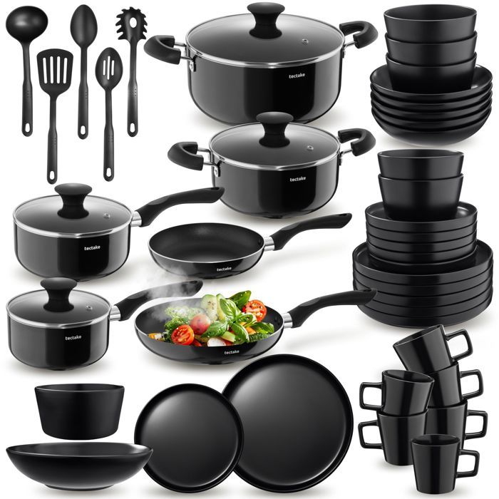 Set de cuisine - TECTAKE - ensemble cuisine complet induction KIT DE CUISINE service de table 30 pièces - Noir