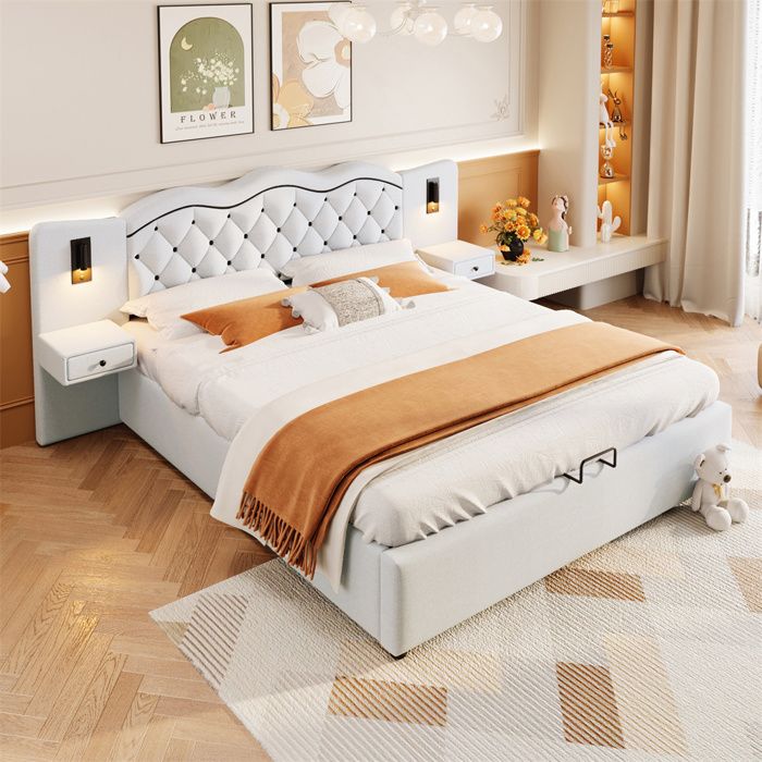 Lit coffre rembourré 180x200 cm beige avec tête de lit port USB et lampes sommier à lattes (sans matelas)