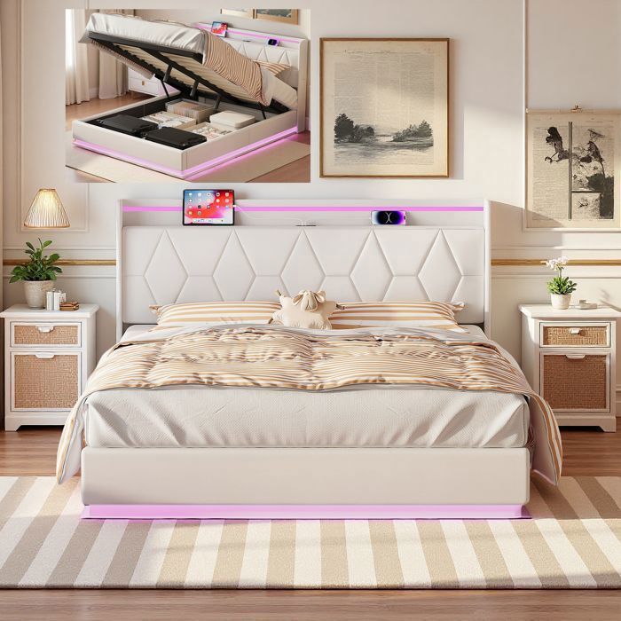 Lit Coffre 160x200 - LED - Hydraulique - 1 USB - 1 Type-C - Cadre de Lit Adulte avec Sommier et Tête - Velours - Blanc - Lit Ado