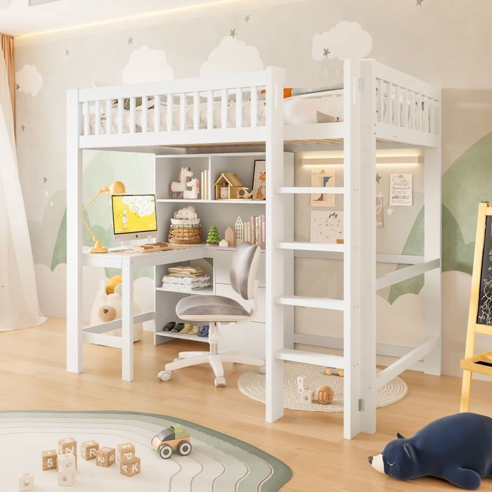 Lit Mezzanine Enfant - MERAX - 90x200 cm - Bois Blanc - Bureau Intégré - Rangements Inclus Lit Mezzanine Enfant - MERAX - 90x200 cm - Bois Blanc - Bureau Intégré - Rangements Inclus