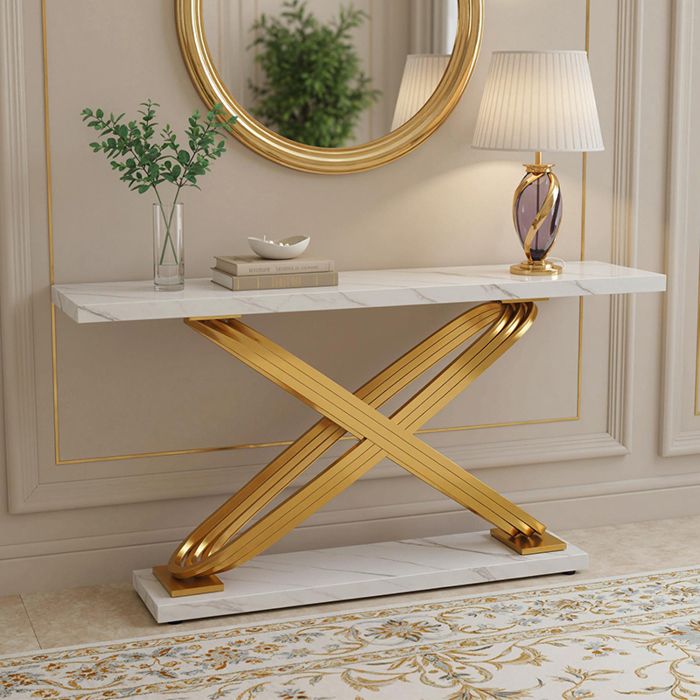 Table Console dentrée - 140 x 33 x 80 cm - Table dentrée avec Pieds Métalliques - pour entrée et salon - Blanc et Doré