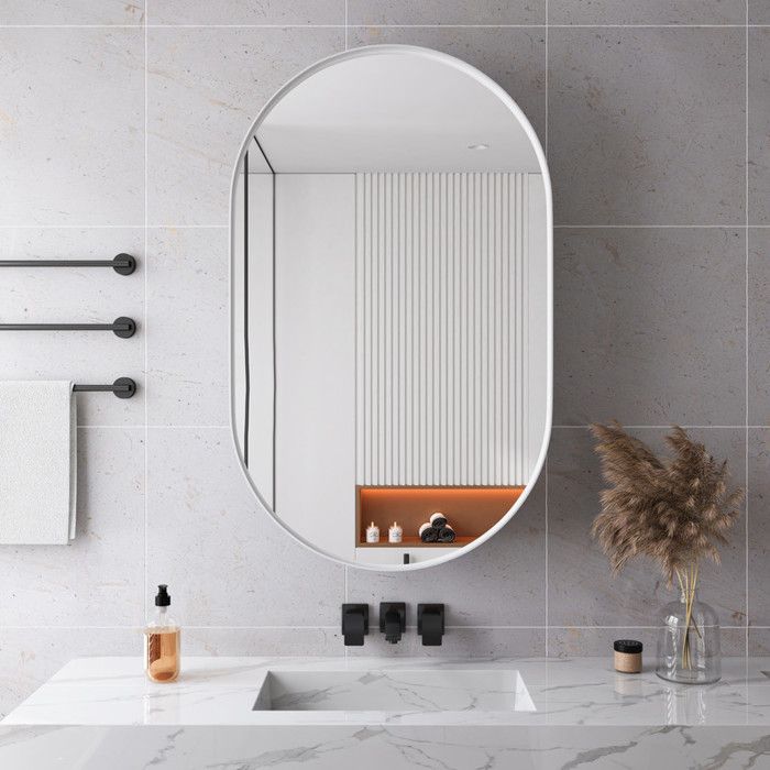 Miroir ovale - MUVOE - Armoire à pharmacie intégrée - Métal - Blanc - Design contemporain