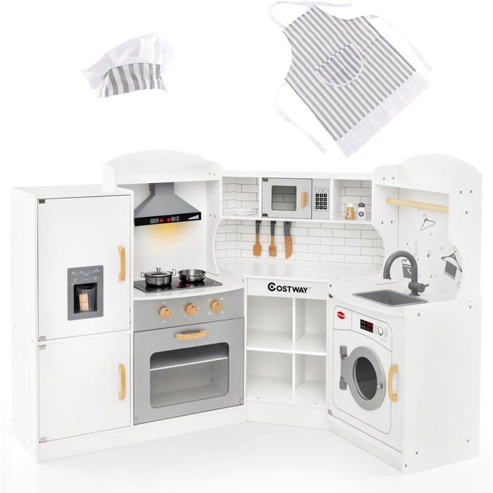 Cuisine Enfants XXL COSTWAY en Bois - 15 Accessoires Effet Lumière & Sonore Cadeaux Festifs Luxueux Blanc
