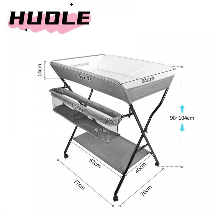 Table à langer pliable et portable réglable en hauteur sur 4 positions avec roulettes silencieuses verrouillables gris.