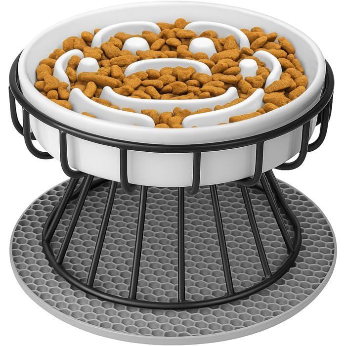 Meilleurs prix pour Gamelle anti-glouton céramique surélevée + support métal + tapis alimentation lente