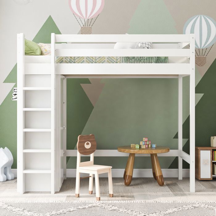 Maisentiel Lit mezzanine enfant 90 x 200 cm blanc avec armoire 6 étagères et sommier à lattes