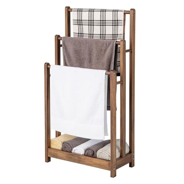 GIANTEX Porte-Serviettes sur Pied en Bois de Sapin- Support à 3 niveaux- Étagère de Rangement Inférieure- 45 x 22 x 86 cm- Marron