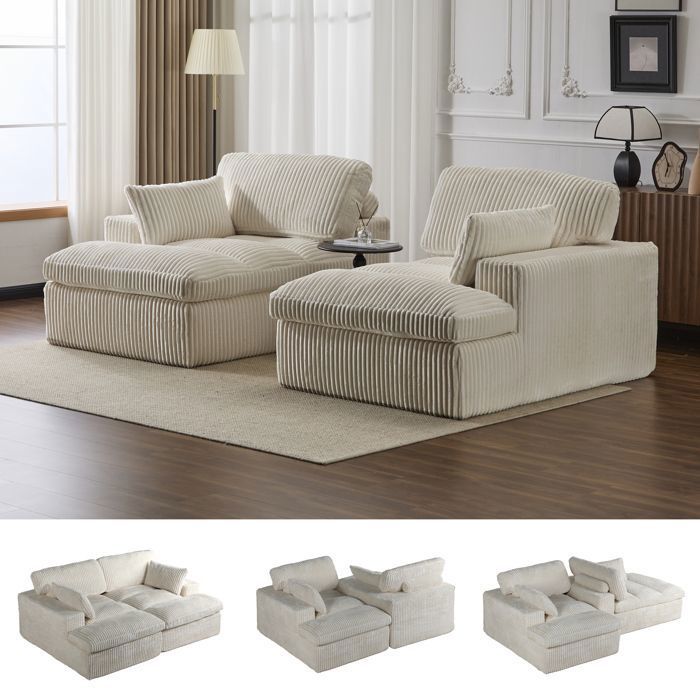 Canapé convertible 4 en 1 – 214x 89 x 145 cm – Sans assemblage-Velours côtelé – Capacité 300 kg-Beige