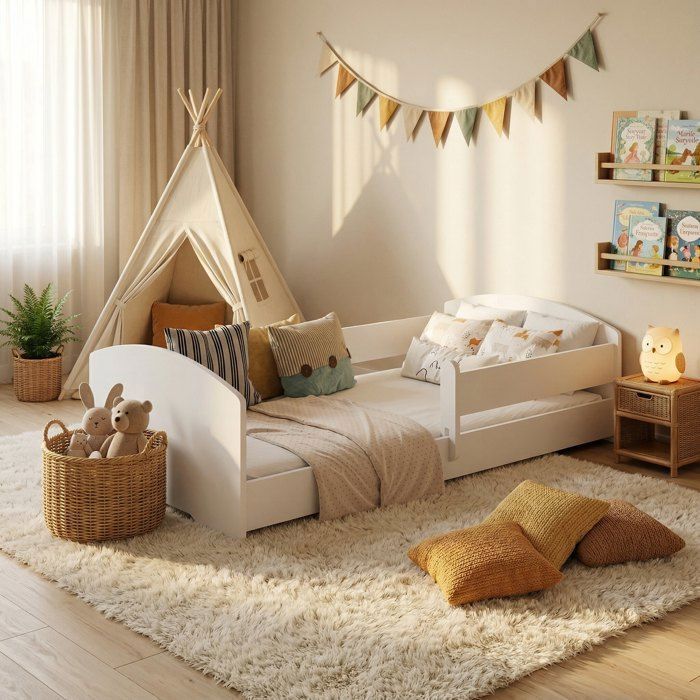 Lit enfant 80x160 cm Montessori – Sommier inclus – Barrière de sécurité – Lit au sol – Blanc LEO