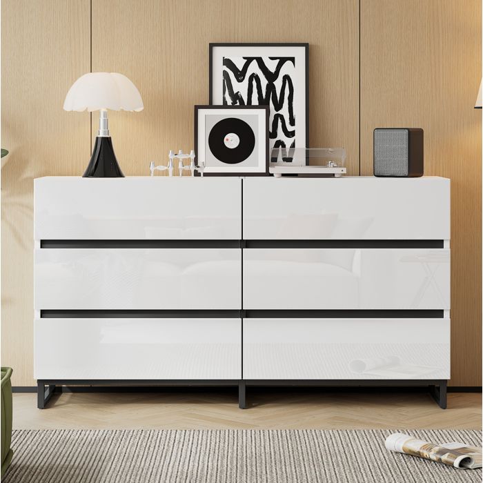 Commode 6 tiroirs buffet finition brillante pieds en métal 140×39.5×78.5 cm design minimaliste moderne blanc