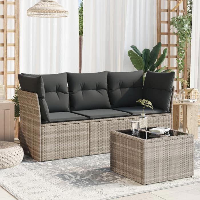 NEW 2026 Salon de jardin lot de 4 Meuble pour 3 personnes avec coussins gris clair résine tressée 179x62x69 cm S1859