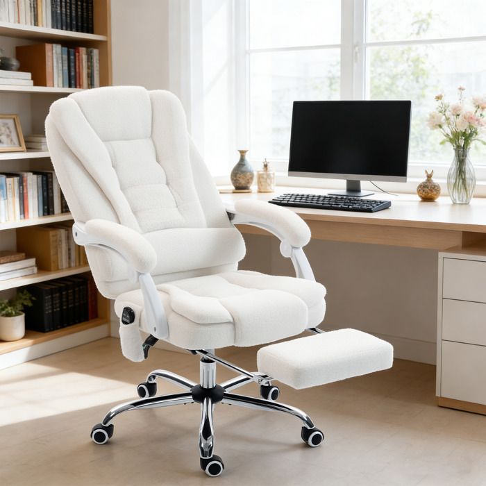 Fauteuil de bureau direction massant chauffant hauteur réglable dossier inclinable toile de lin blanc