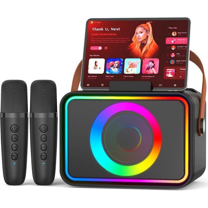 Machine de karaoké portable 2 micros Bluetooth - Haut-parleur 8W lumières disco effets vocaux