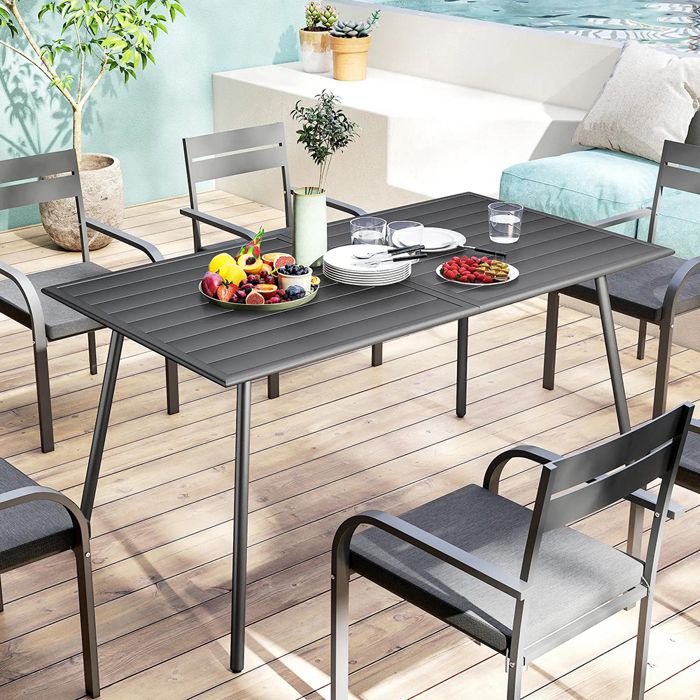 Table de jardin - 150x80x74 cm - Acier anti-corrosion - Plateau à lattes anti-eau - 6 places