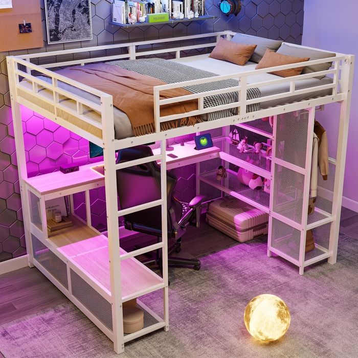 Lit Mezzanine 2 Places 140x200cm avec Rangement Armoire Ouverte Port USB et éclairage LED Lit Enfant avec échelle sécurisée Blanc