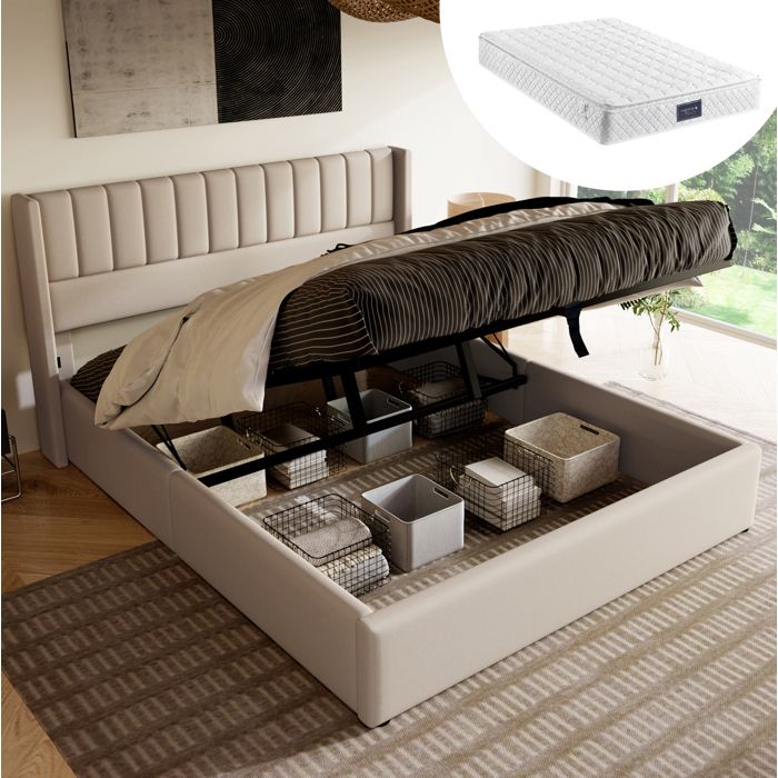 Lit coffre double beige 140 × 200 en lin avec sommier relevable et matelas inclus