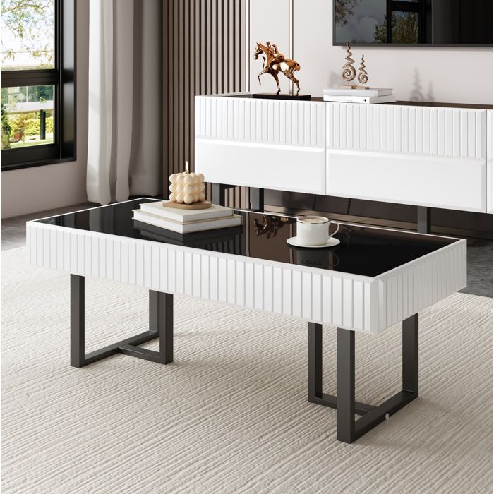 Table basse noir et blanc L 110 x P 505 x H 41 cm plateau MDF brillant structure métal