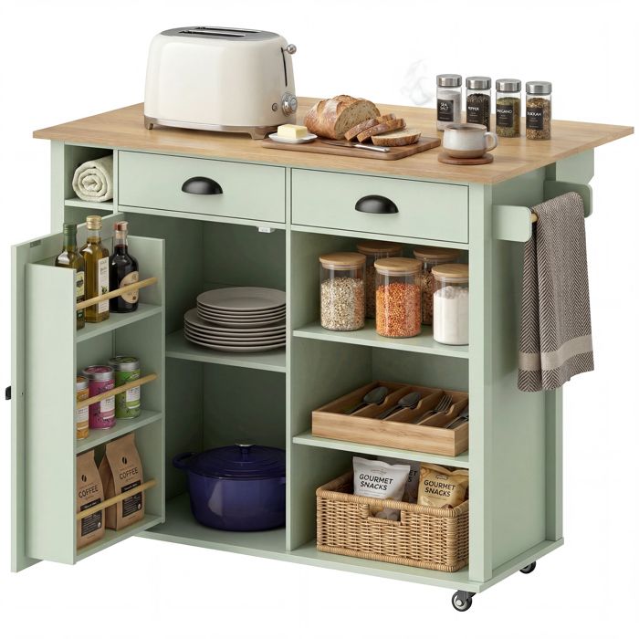 Îlot de cuisine - HOMCOM - roulant - plateau pliant - 2 tiroirs porte-serviettes - MDF - 1175 x 70 x 91 cm - vert clair