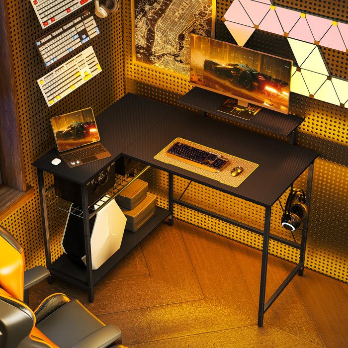 MOTHINESSTO5783-Bureau gaming réversible bureau gaming dangle support pour écran étagère en maille réglable 114 5x82x91 5cm no
