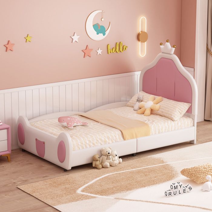 Lit enfant rembourré à tête de lit couronnée - ELVMI - Design blanc et rose en cuir synthétique - 90 × 200 cm