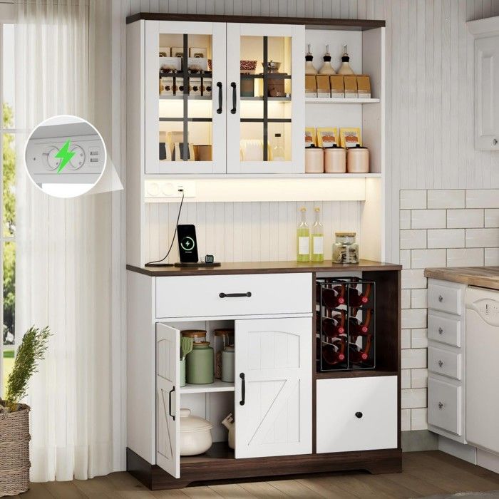 Buffet cuisine style grange armoire haute rangement vintage étagères tiroirs LED prise 105x40x185cmNaturel Et Blanc