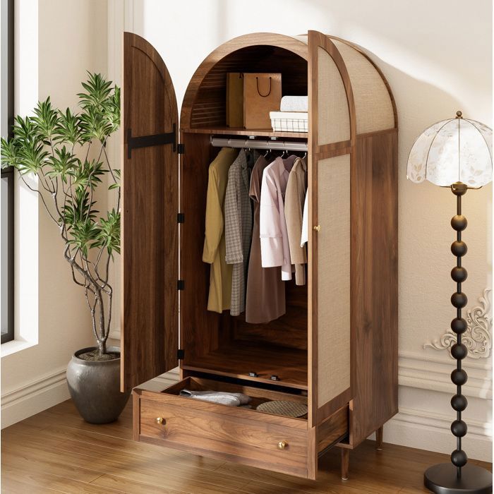 Armoire penderie 79x50x175 cm avec portes effet tissu tiroir et tringle design arrondi MDF décor bois