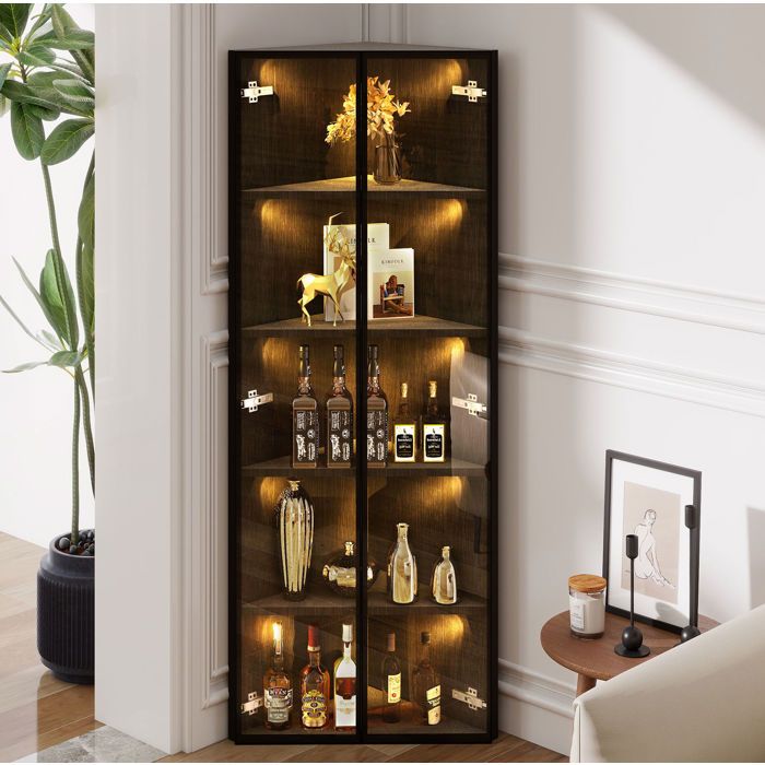 Vitrine dAngle avec 2 Portes 5 Étagères et LED Intégrée MDF et Verre Trempé Noir 62×35×160 cm - UVRION