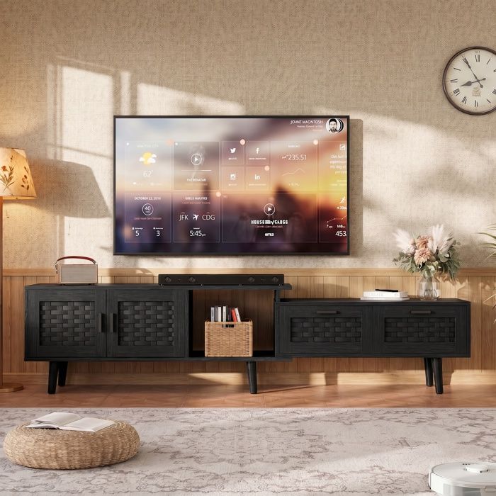 Meuble TV Rétractable 146-180cm Cabinet de télévision moderne en bois avec décoration en rotin Buffet TV avec armoire + tiroirs Noir