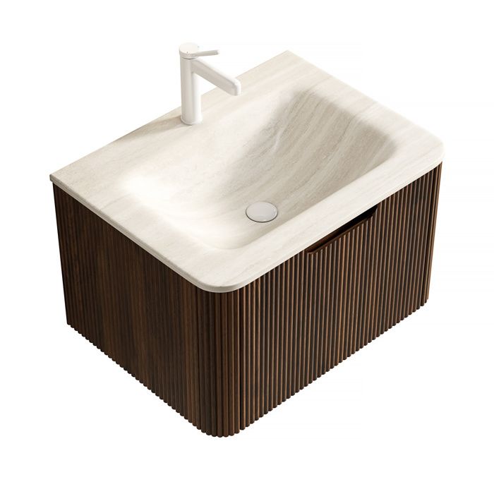 Meuble sous vasque mural 60 cm - Vasque intégrée en pierre frittée effet travertin Roma - Décor noyer